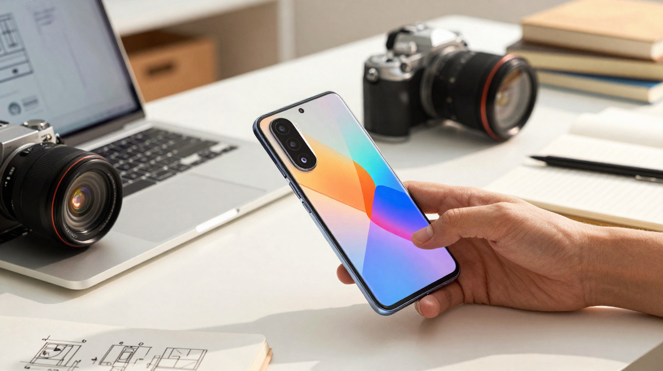Mão a segurar telemóvel moderno com câmara tripla, junto a computador portátil e câmaras fotográficas numa secretária.