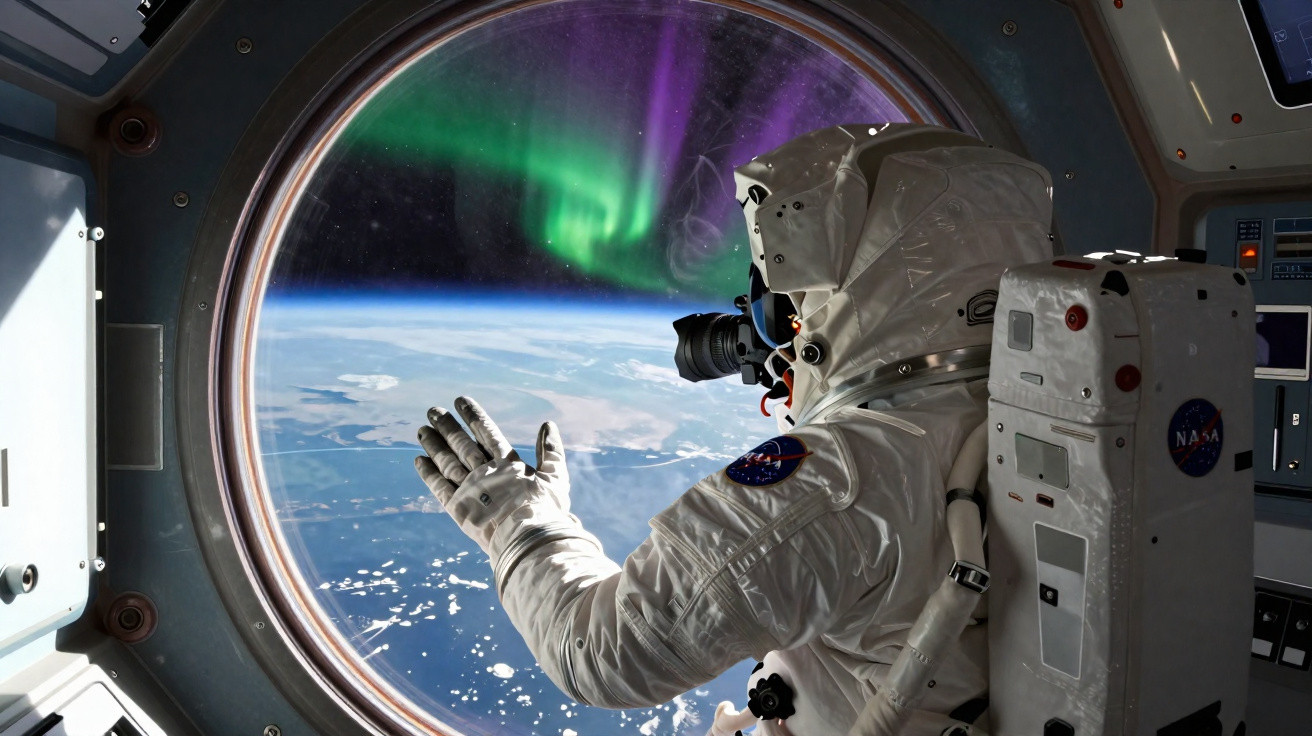 Astronauta observa a aurora boreal e a Terra através de uma janela da estação espacial.