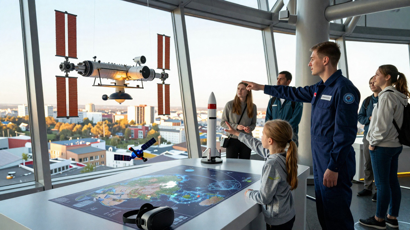 Grupo de pessoas observa modelos de estação espacial e foguete em exposição interativa com vista urbana.