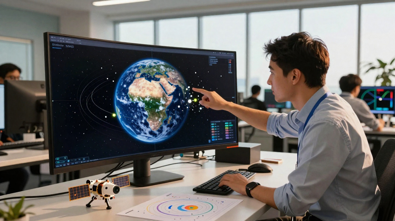 Homem a apontar para imagem da Terra e órbitas num ecrã de computador em escritório moderno.
