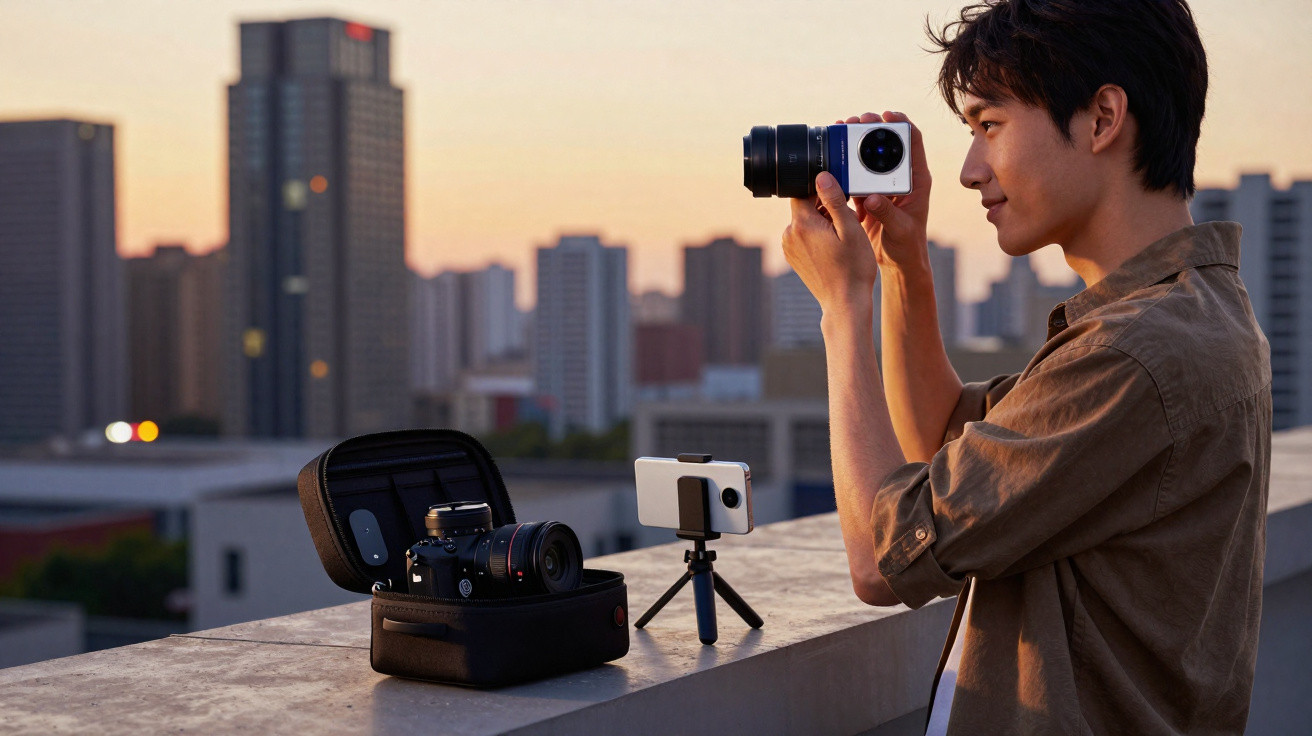 Homem fotografa com câmara moderna ao pôr do sol numa varanda com vista para edifícios urbanos.