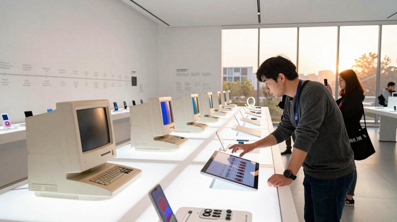 Museu de tecnologia com computadores antigos exibidos e visitantes interagindo com ecrãs táteis.