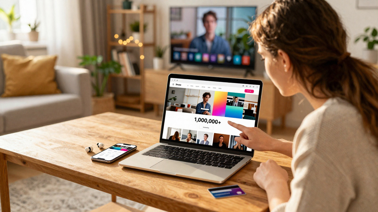 Mulher a usar computador portátil e telemóvel numa reunião virtual em casa, com sala iluminada ao fundo.