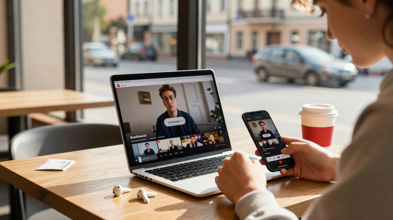 Pessoa a participar numa videoconferência num portátil e num telemóvel, sentada numa mesa com um café.