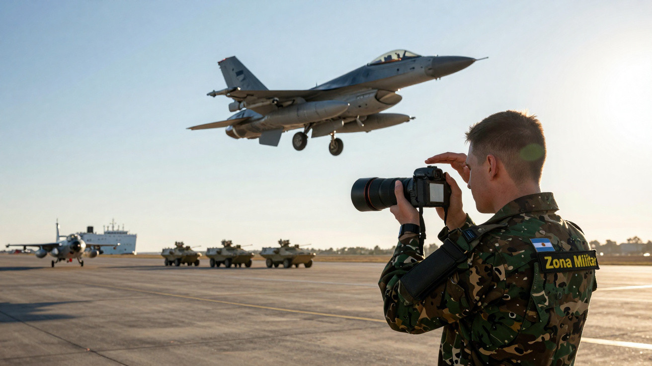 Fotógrafo militar com câmara captura imagem de caça a jato a descolar numa pista com veículos militares ao fundo.