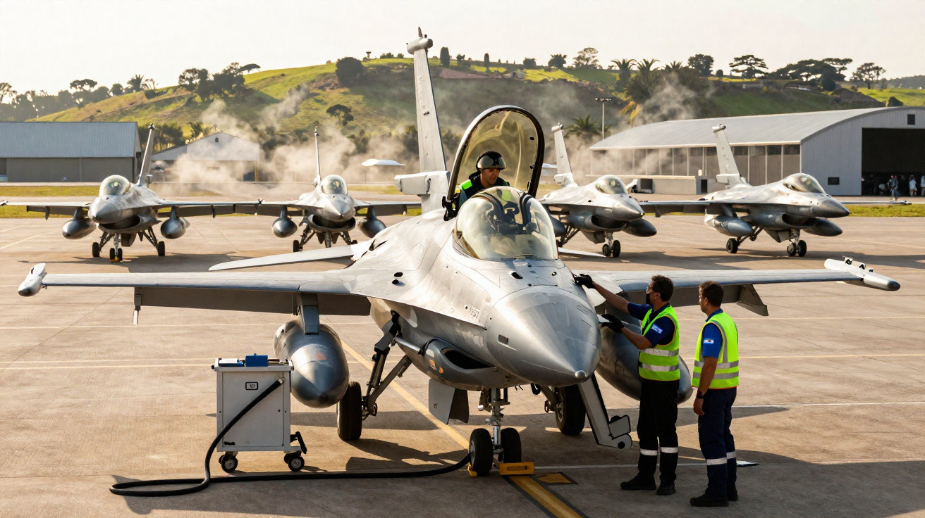 Quatro aviões de combate estacionados em pista, com três técnicos a preparar um deles, em dia ensolarado.