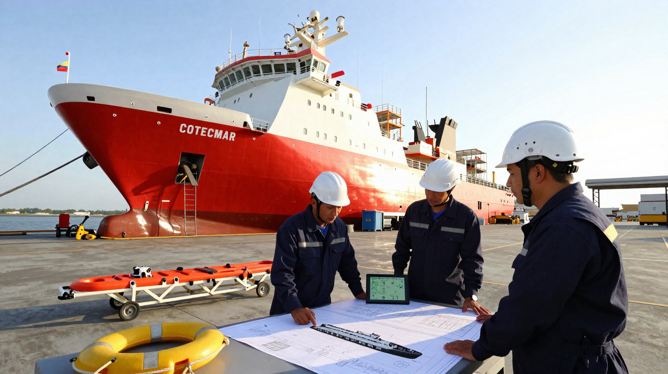 Três homens com capacetes brancos analisam plantas junto a um grande navio vermelho ancorado no porto.