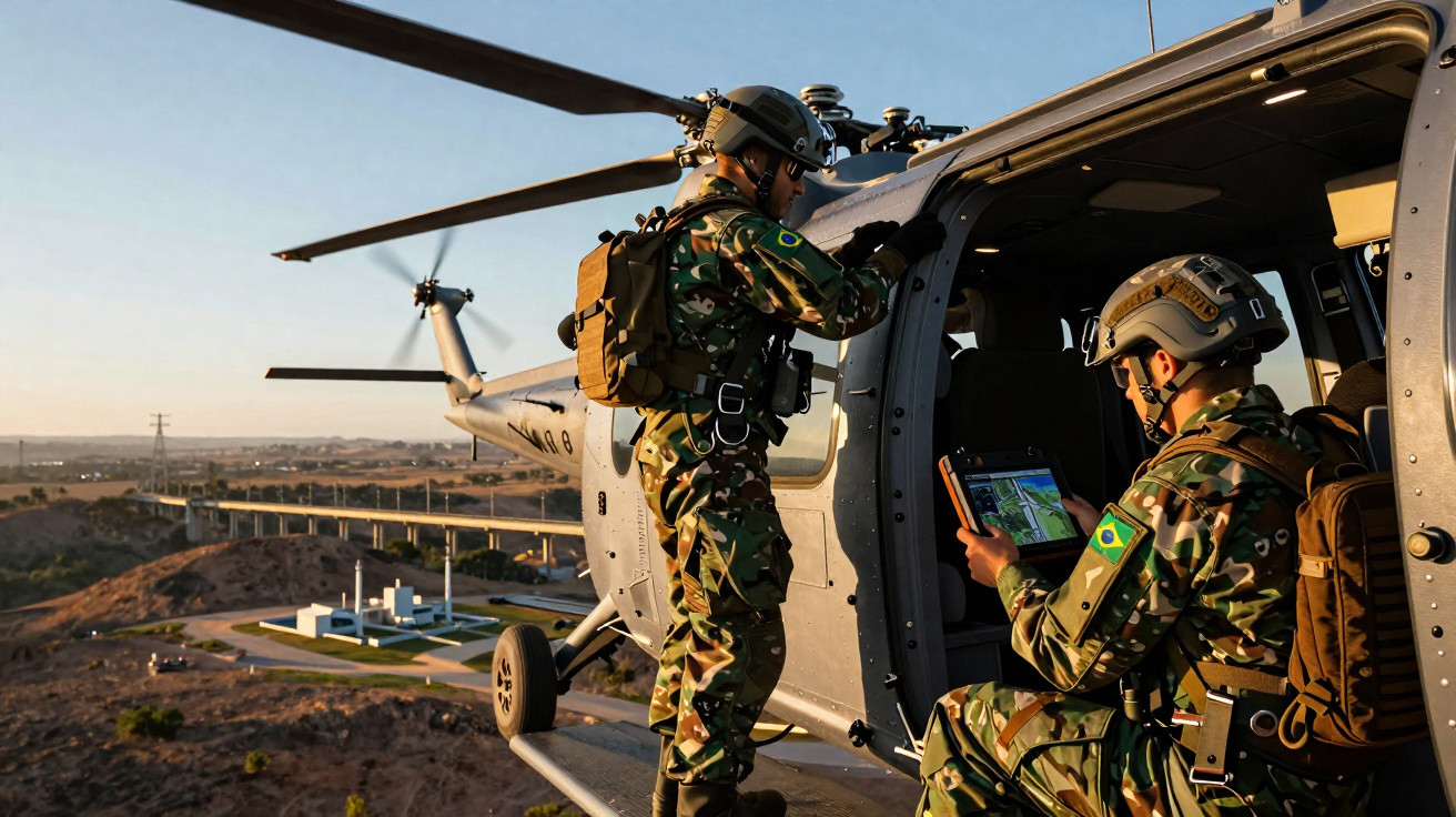 Dois soldados brasileiros em uniforme camuflado operam equipamento dentro e junto a um helicóptero em voo.