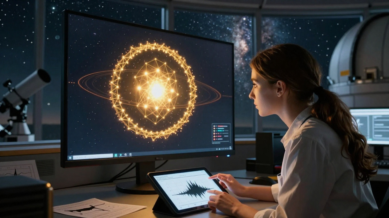 Mulher cientista analisa dados numa tabela em ecrã táctil com modelo de átomo brilhante num monitor ao fundo.