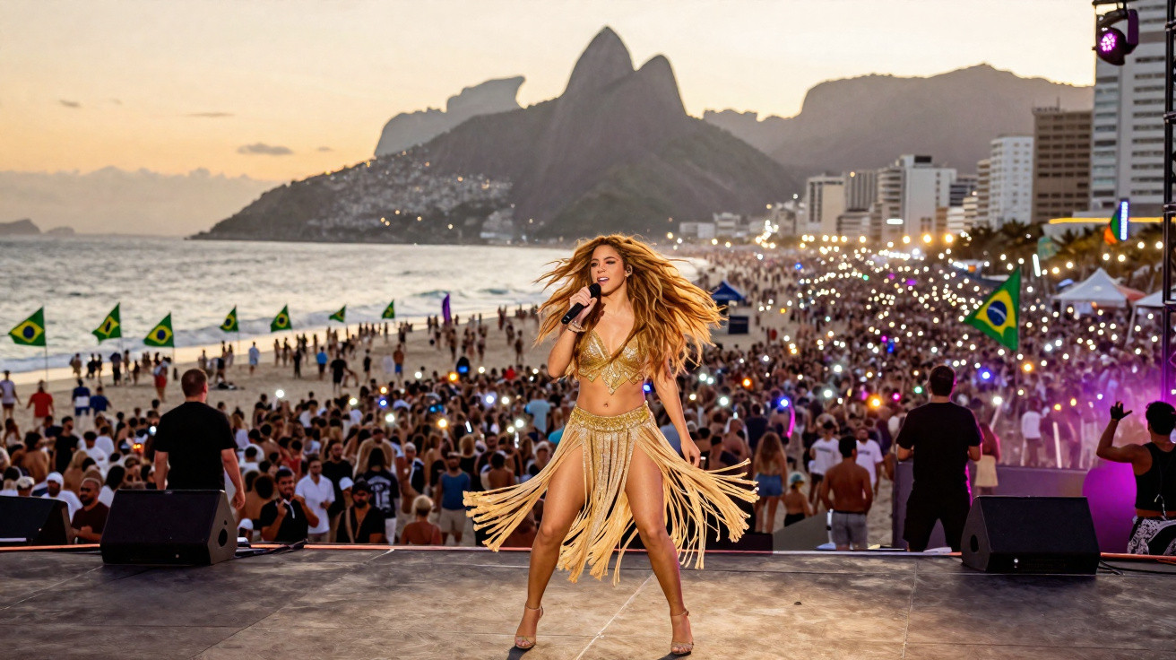 Cantora em palco na praia de Ipanema ao pôr do sol, com multidão e montanha Dois Irmãos ao fundo.