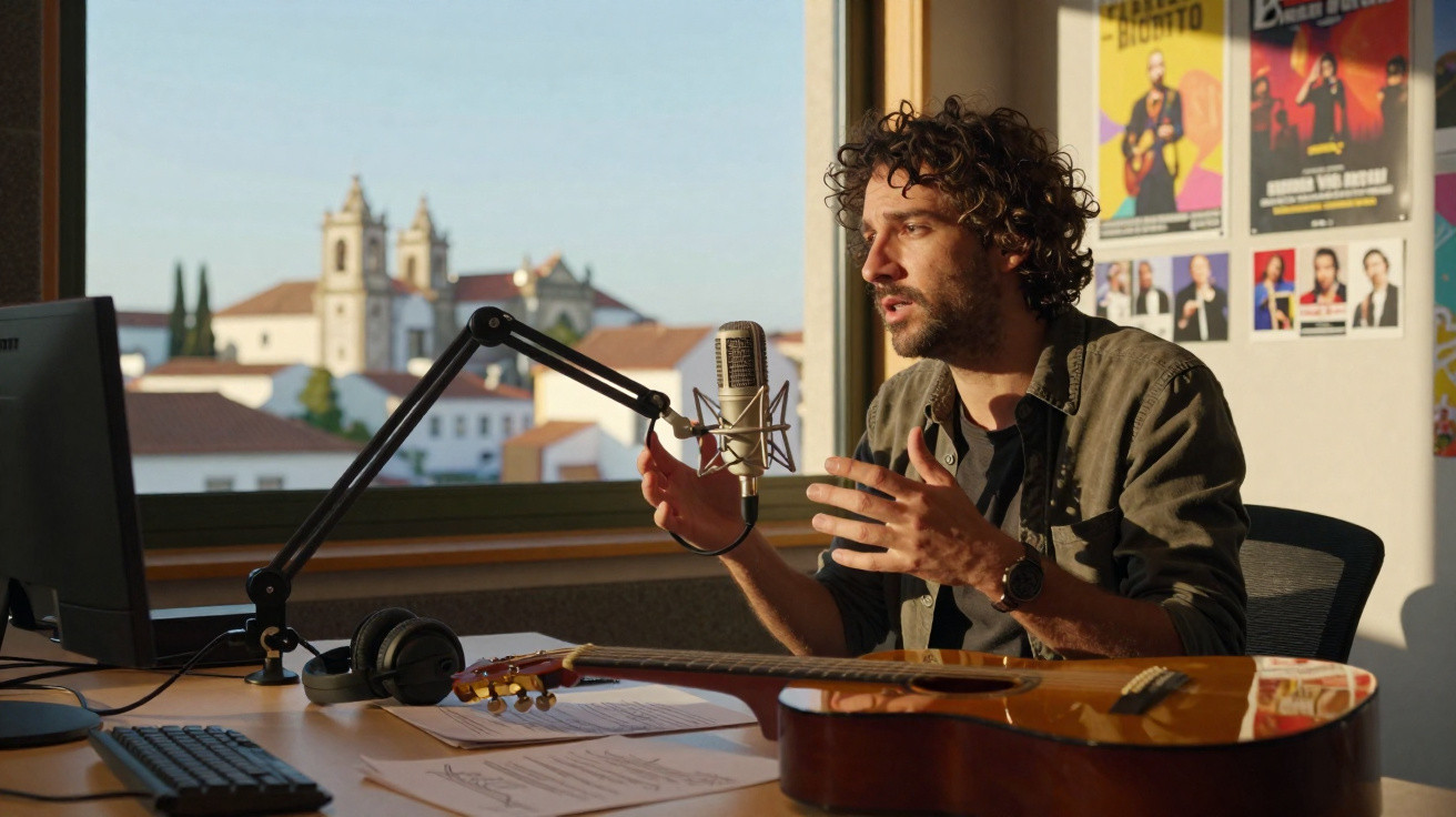 Homem a falar num microfone num estúdio com guitarra, janelas e posters na parede ao fundo.