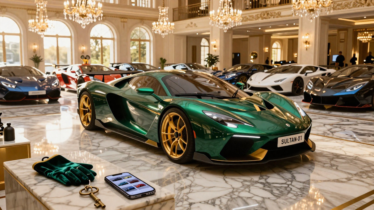 Carro desportivo verde metálico com jantes douradas num salão elegante com vários carros de luxo.