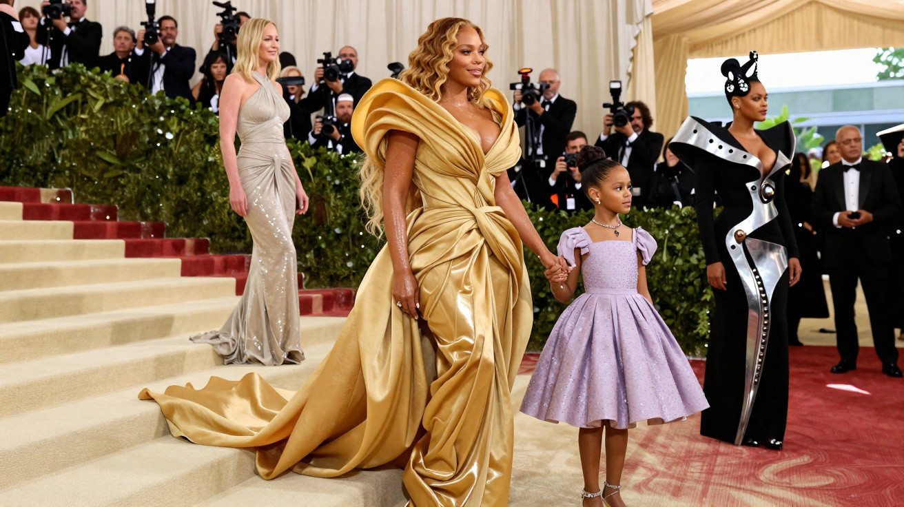 Mulher de vestido dourado elegante segura mão de menina com vestido lilás num evento formal com fotógrafos.