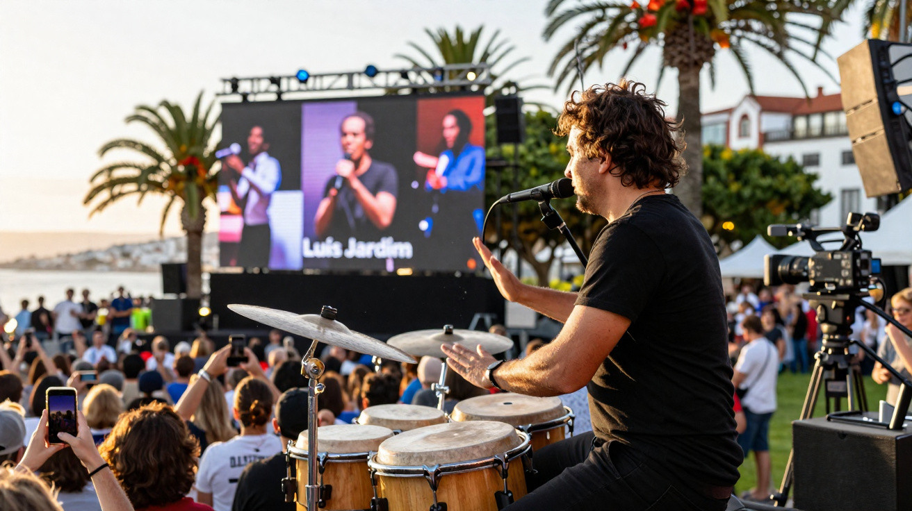 Percussionista a tocar em concerto ao ar livre com público e ecrã gigante ao fundo.