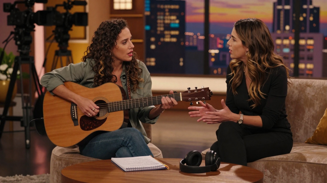 Duas mulheres sentadas num estúdio, uma a tocar guitarra e a outra a falar animadamente.