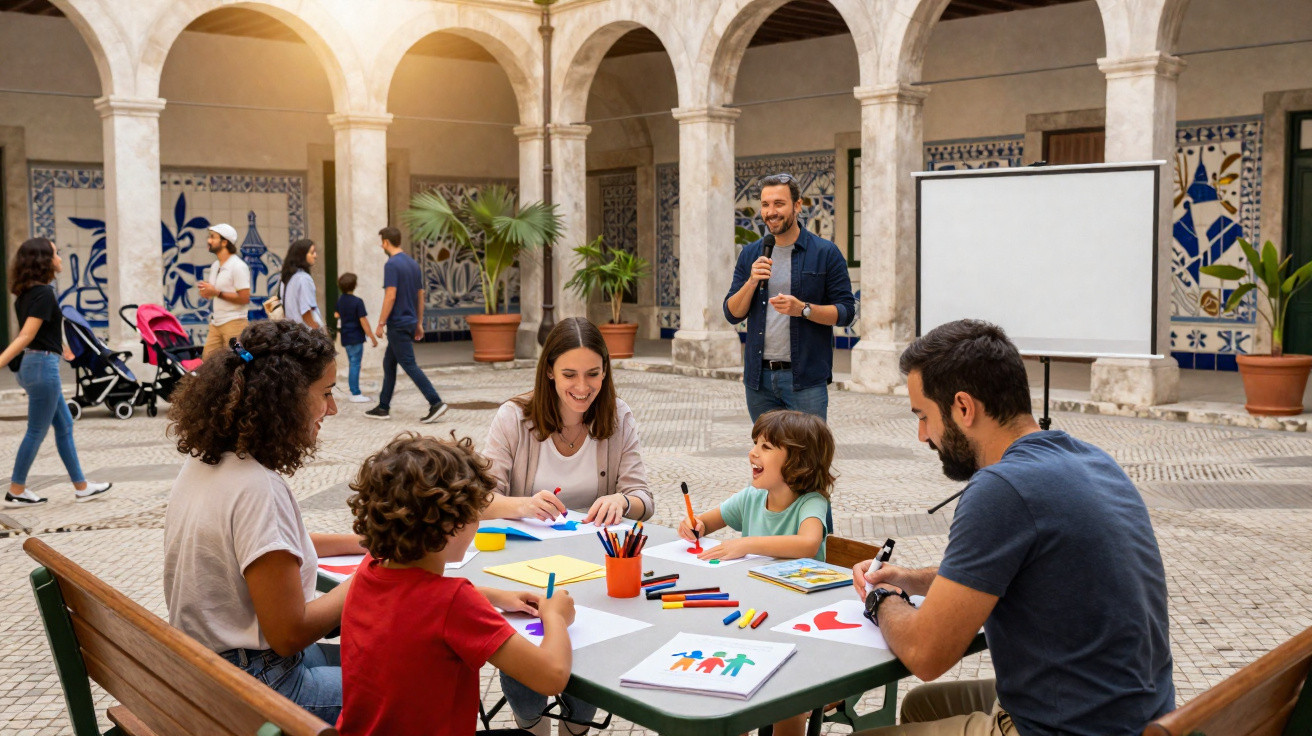 Grupo de adultos e crianças a desenhar numa mesa num pátio com colunas e azulejos decorativos ao fundo.