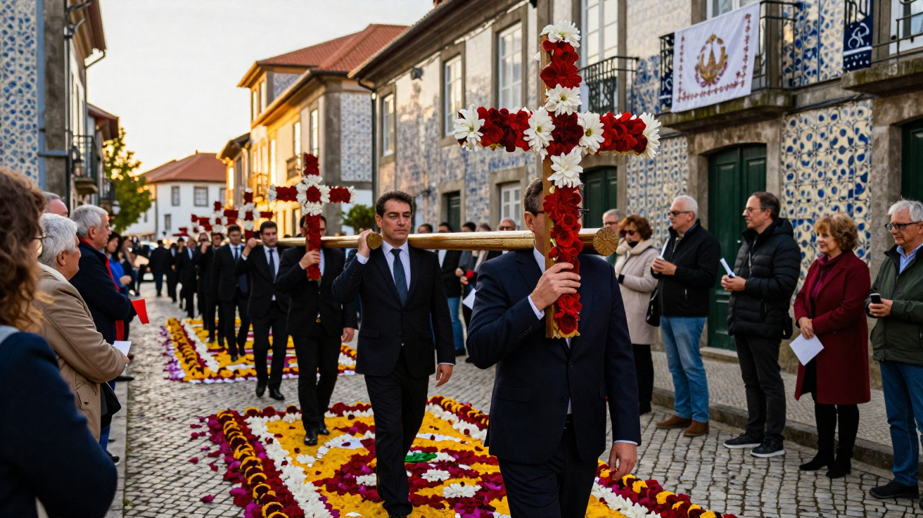 Procissão religiosa com homens de fato a transportar cruzes decoradas com flores numa rua com tapetes florais.