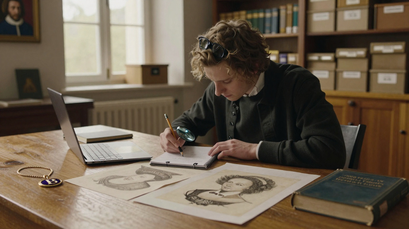 Jovem sentado a desenhar retratos históricos numa mesa com computador, livros e material de escrita.