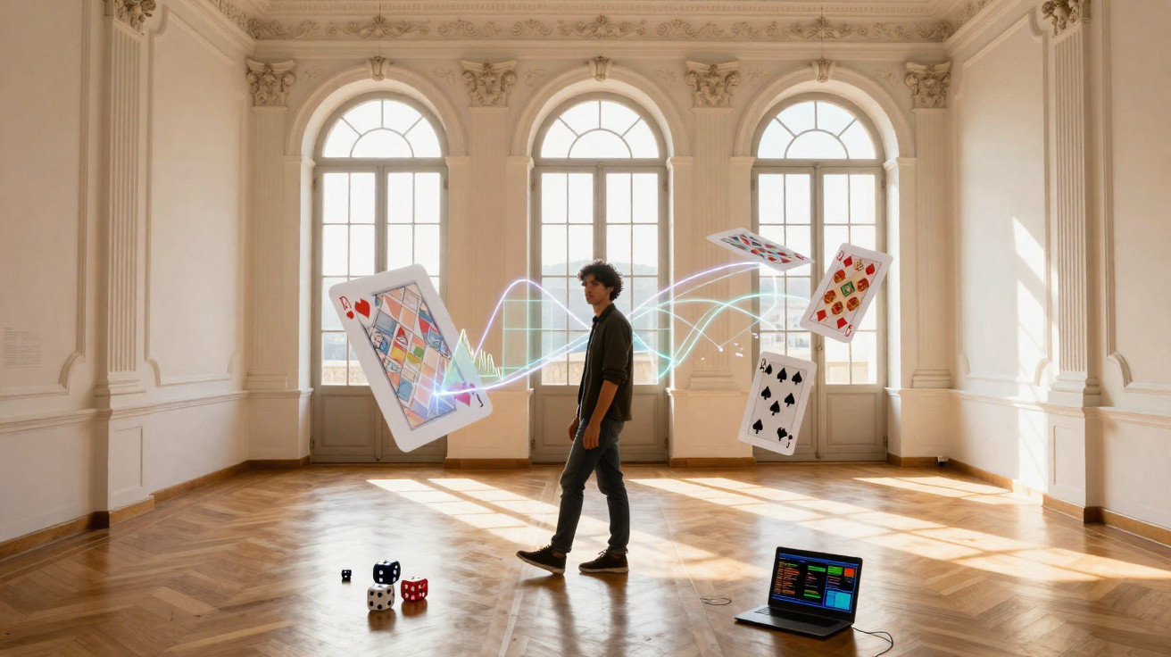 Homem numa sala clássica com cartas de baralho e dados digitais à sua volta, ligado a computador portátil.