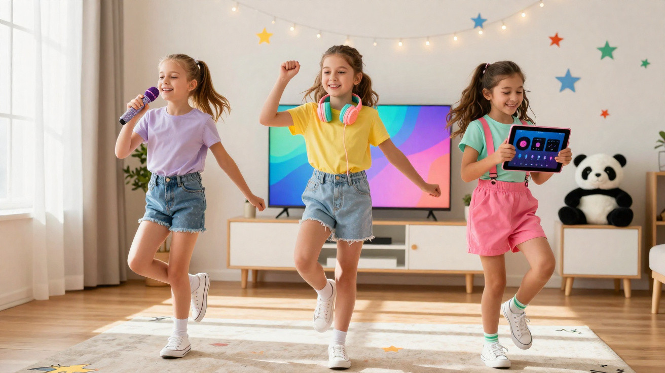 Três raparigas a dançar e cantar numa sala luminosa com microfone, auscultadores e tablet.