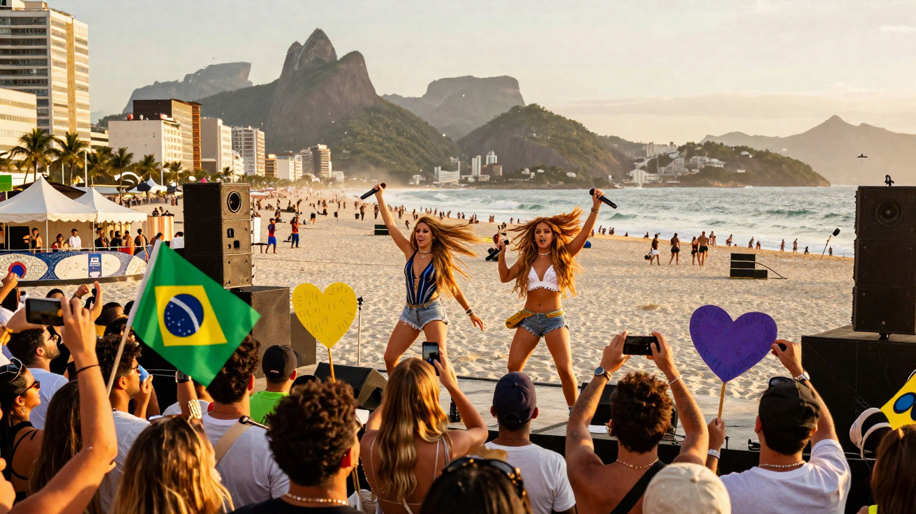 Concerto na praia com público, duas cantoras em palco, montanhas ao fundo e bandeira do Brasil em destaque.