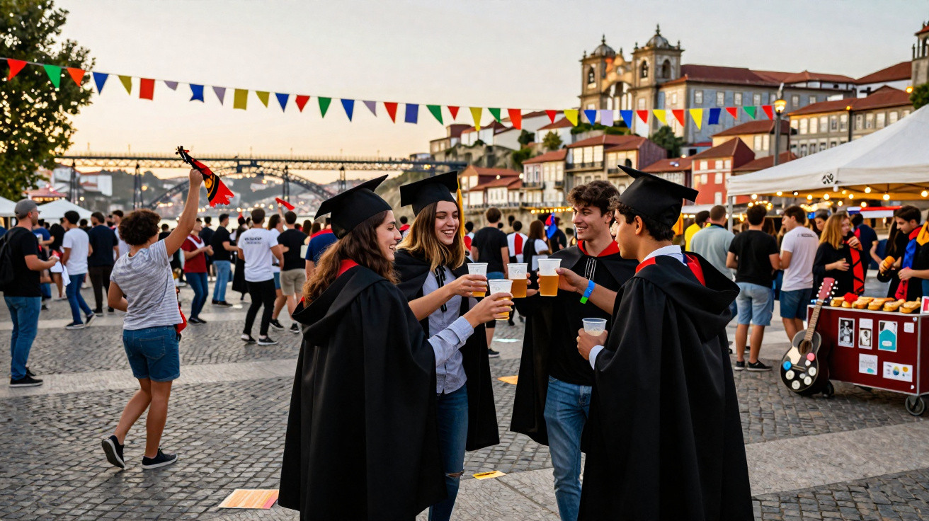 Jovens em traje académico brindam com copos numa festa ao ar livre numa praça com decoração festiva e muita gente.