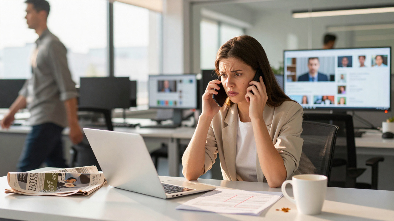 Mulher preocupada ao telefone no escritório com computador, jornal e café na secretária.