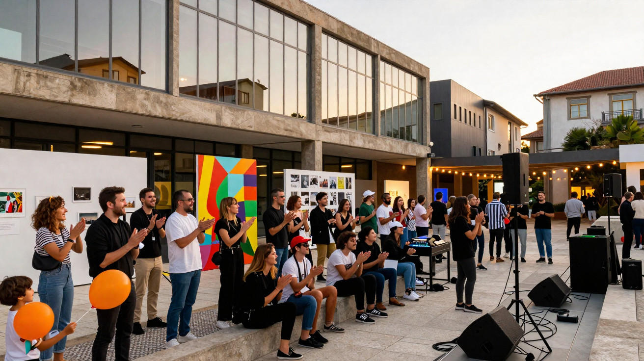 Grupo de pessoas numa galeria de arte ao ar livre, aplaudindo numa apresentação ao entardecer.