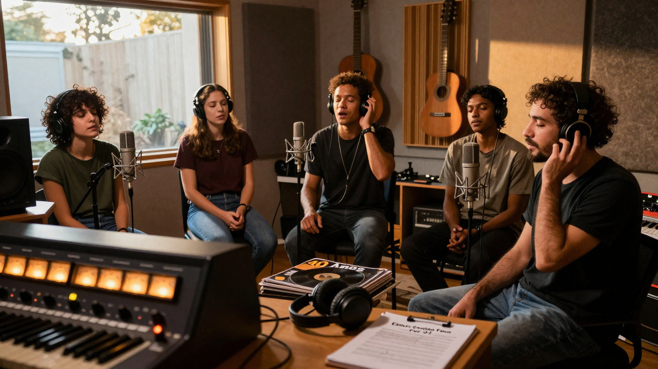 Cinco músicos jovens a gravar voz em estúdio com fones e microfones, rodeados por instrumentos e equipamento.
