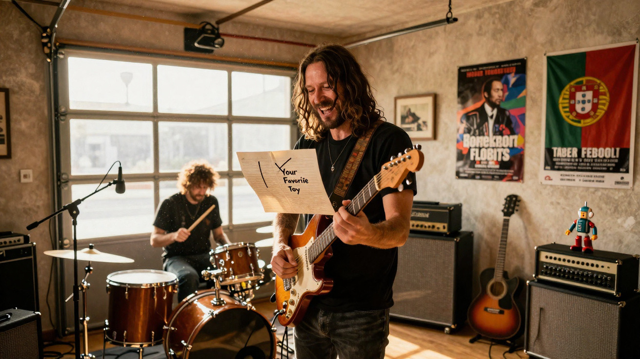 Dois músicos em estúdio, um a tocar guitarra e outro a tocar bateria, com posters e bandeira de Portugal na parede.