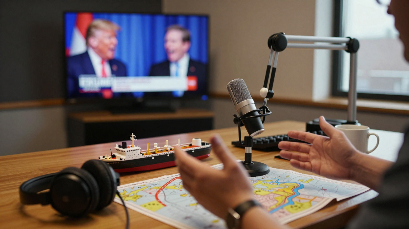 Mesa com microfone, mapa, miniatura de navio, auscultadores e televisão ligada com debate político ao fundo