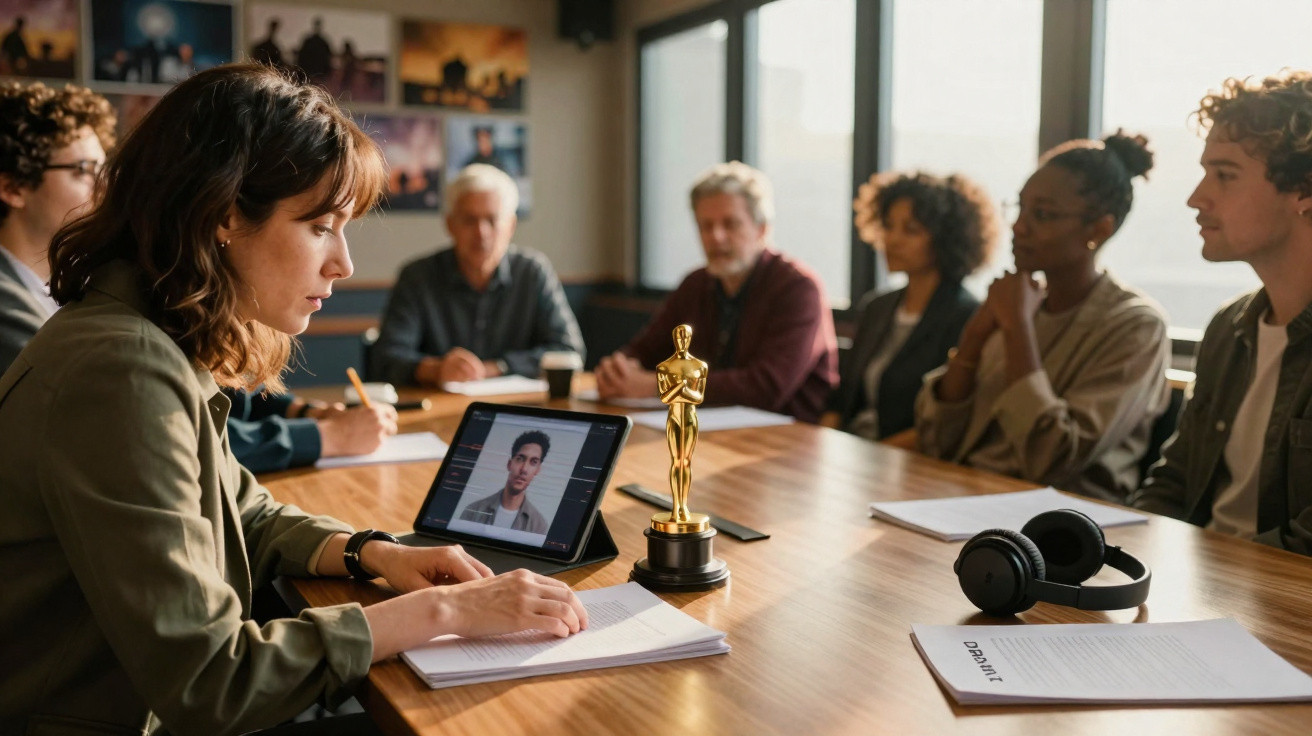 Pessoa mulher a fazer casting com grupo de jurados numa sala de reuniões, com estatueta dourada na mesa.