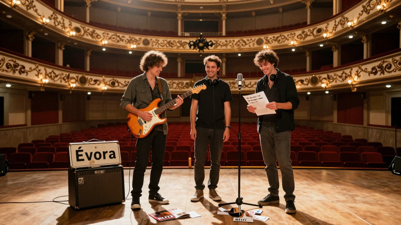 Três músicos jovens com guitarra, microfone e folhas, num palco de teatro vazio em Évora.