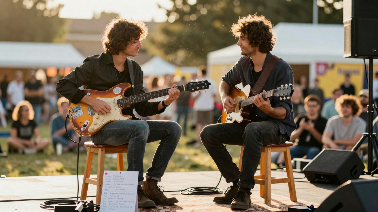 Dois jovens sentados a tocar guitarra elétrica num palco ao ar livre, perante um público.