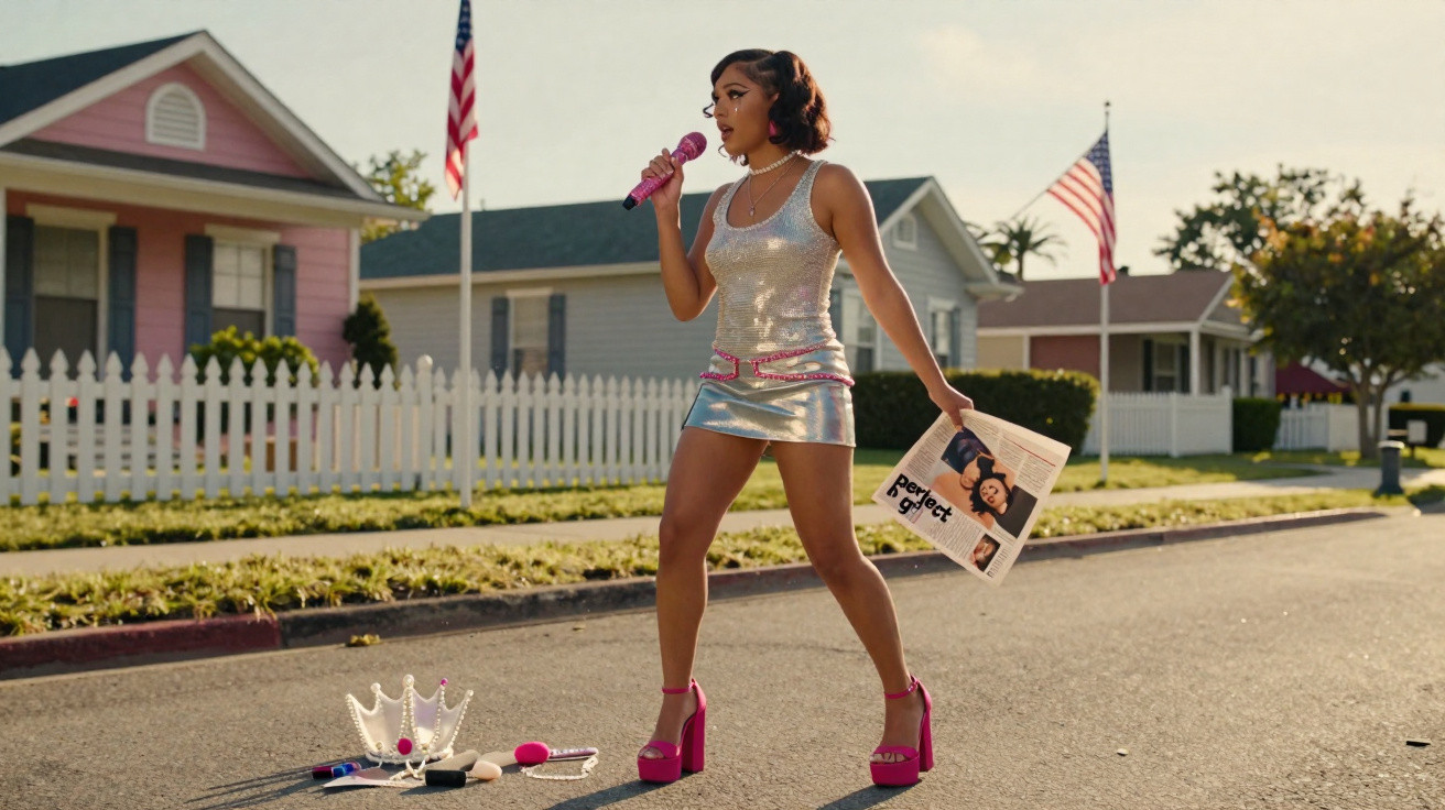 Mulher com vestido prateado canta com microfone rosa numa rua, com casa e bandeiras americanas ao fundo.