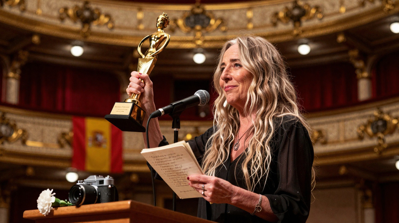 Mulher loira segura troféu e discurso em palco de teatro com decoração dourada e bandeira de Espanha.