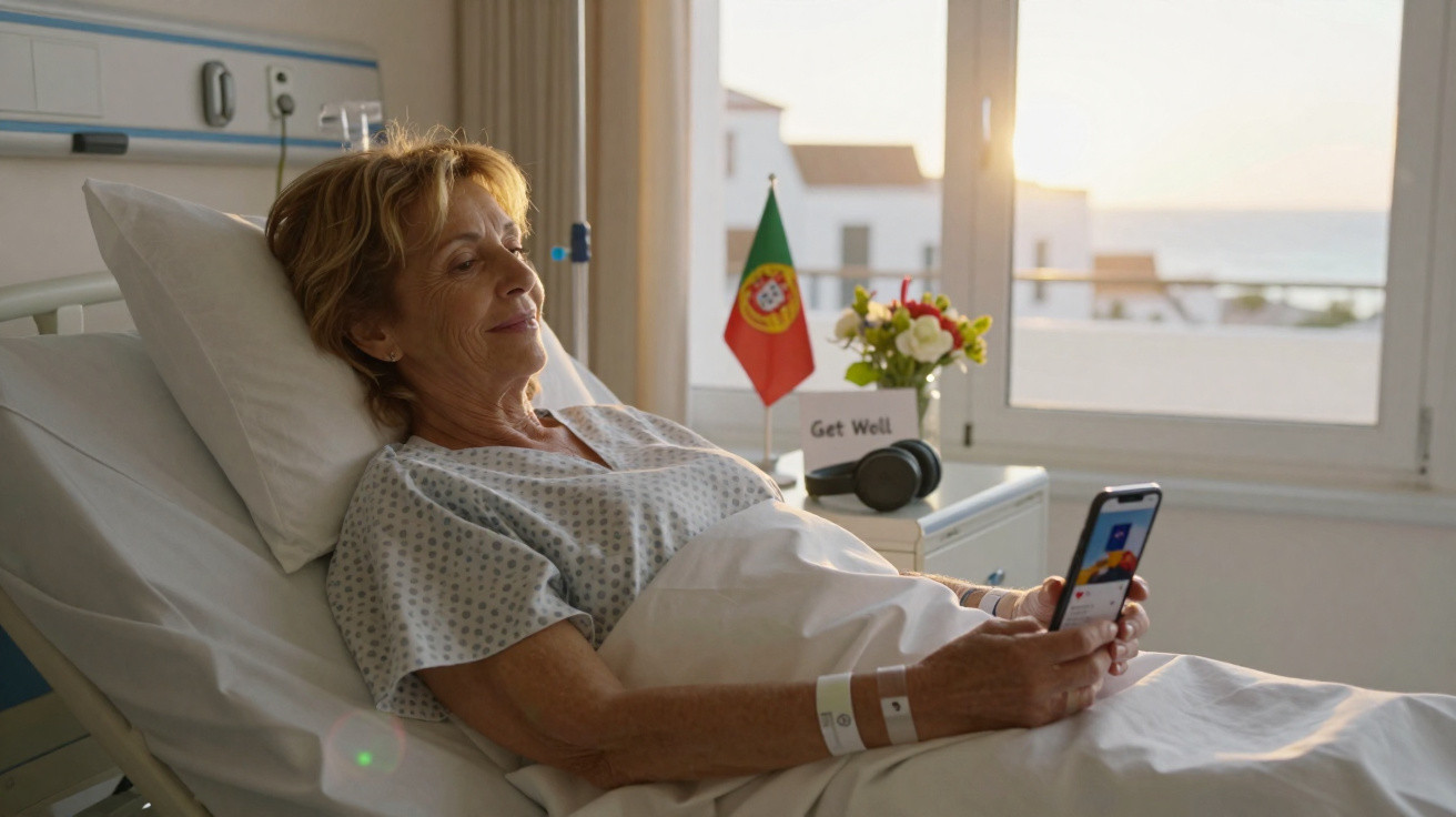 Mulher idosa em cama de hospital, a usar telemóvel, com pulseira de internamento e bandeira de Portugal ao fundo.