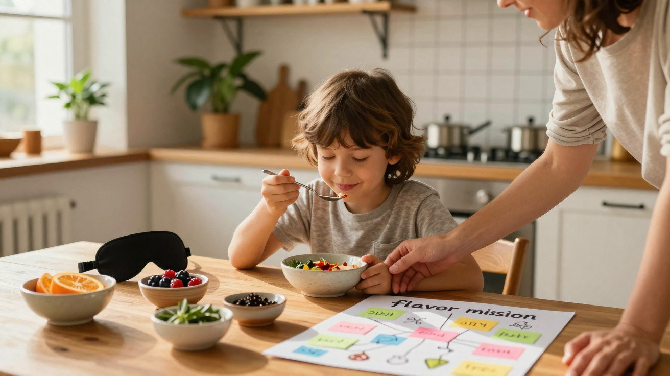Criança a comer fruta sentada à mesa, com adulto ao lado e vários alimentos e folha colorida à frente.