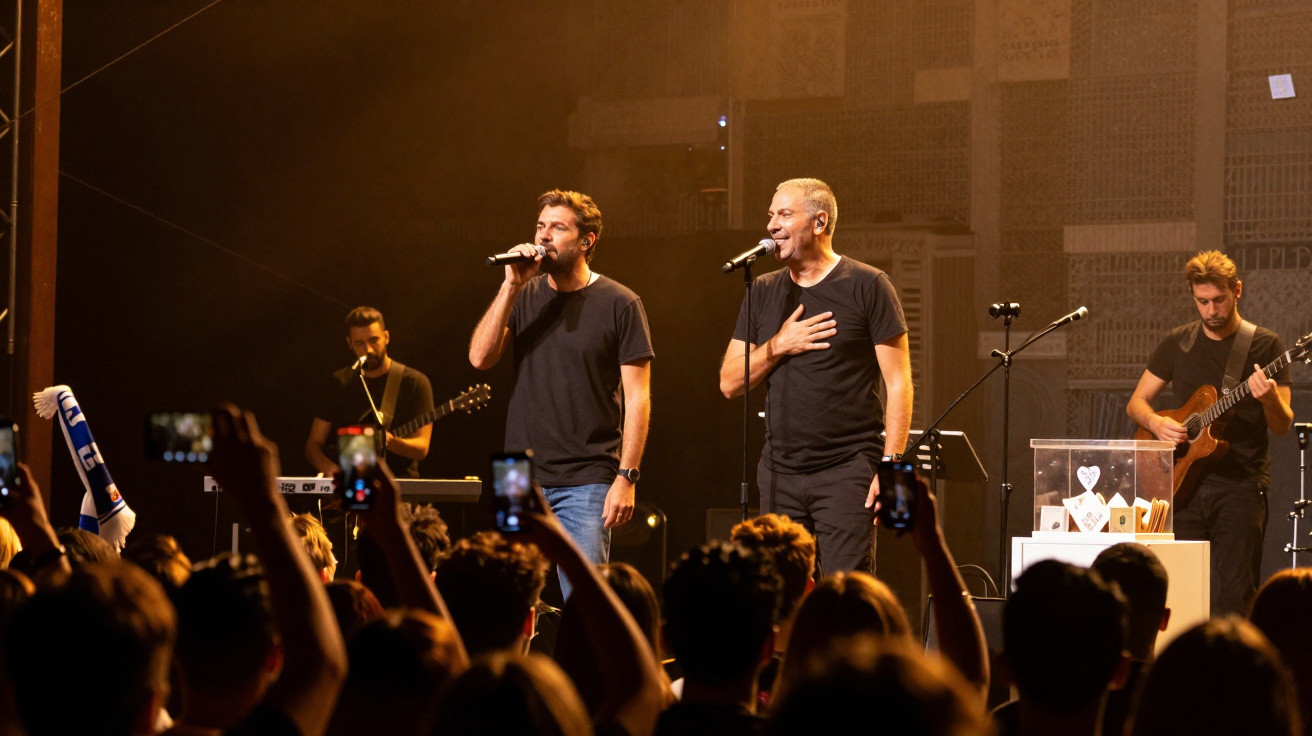 Concerto com dois cantores a microfone e músicos em palco, audiência a captar momento com telemóveis.