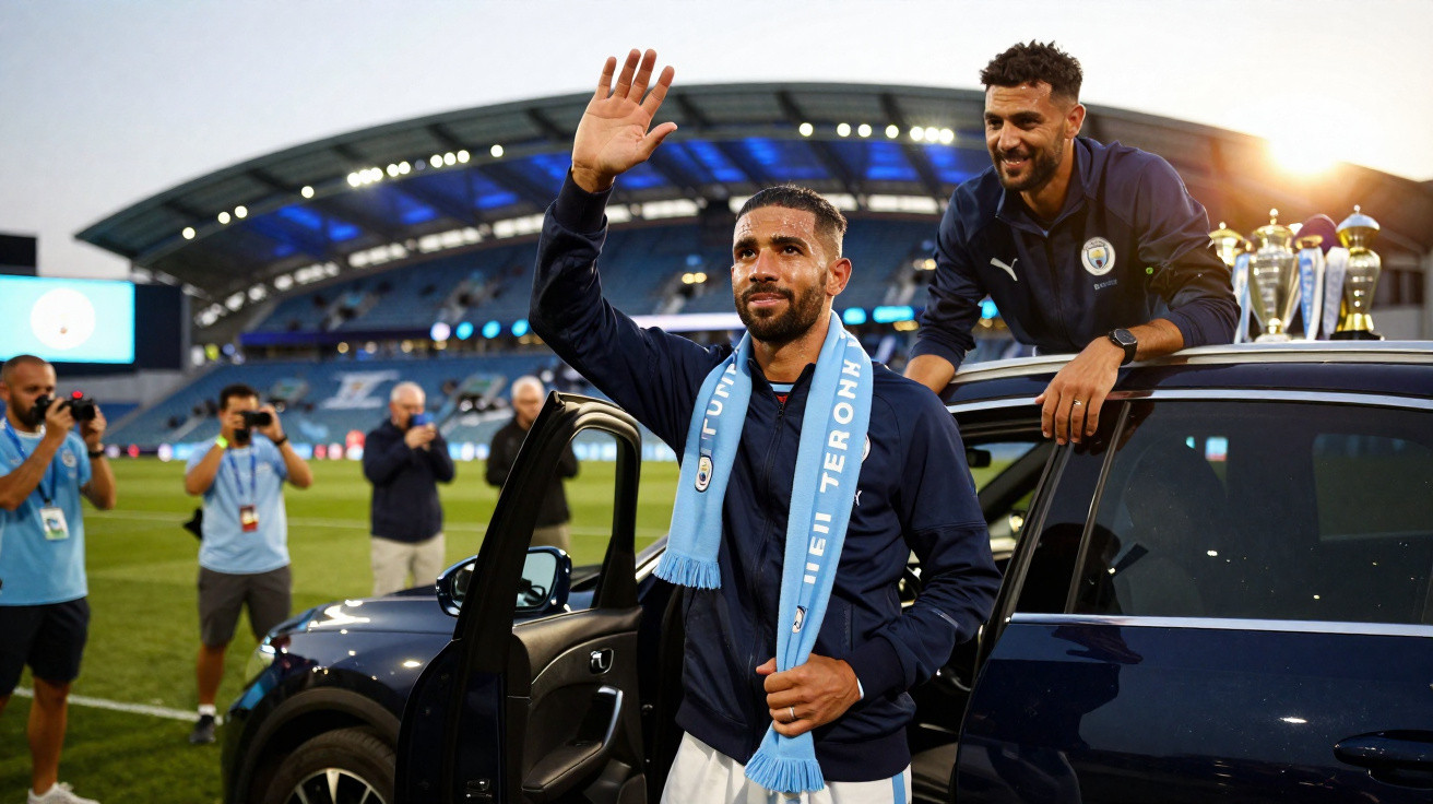 Jogadores comemoram num estádio com troféus sobre um carro, fãs e fotógrafos ao fundo ao pôr do sol.