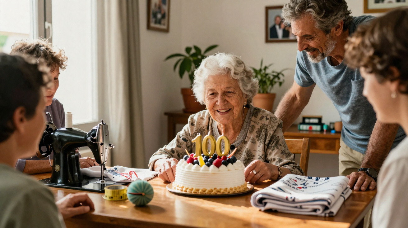 Avó celebra o 100º aniversário rodeada pela família com bolo e sorriso numa sala acolhedora.