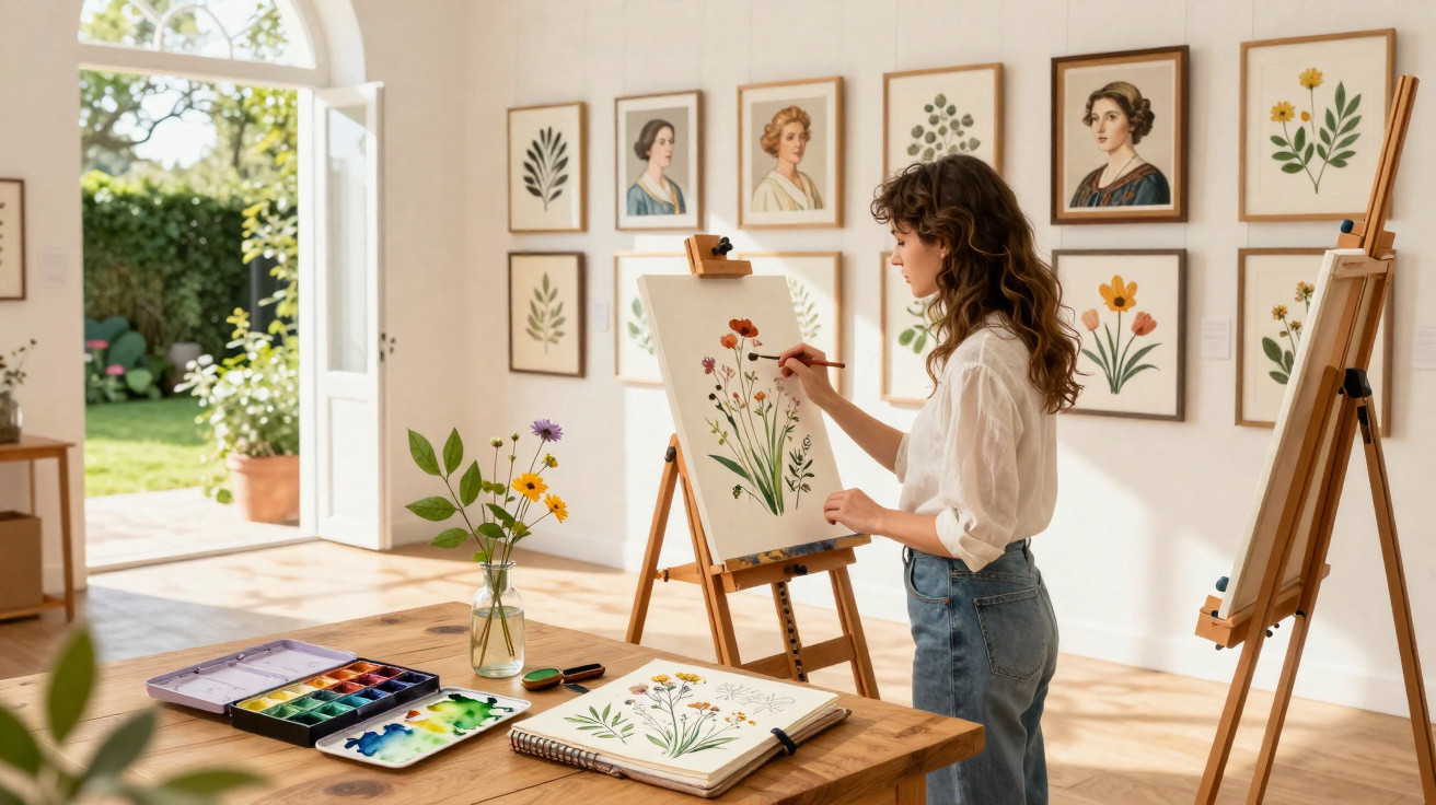 Mulher a pintar flores em estúdio com quadros botânicos e janelas abertas para jardim iluminado.