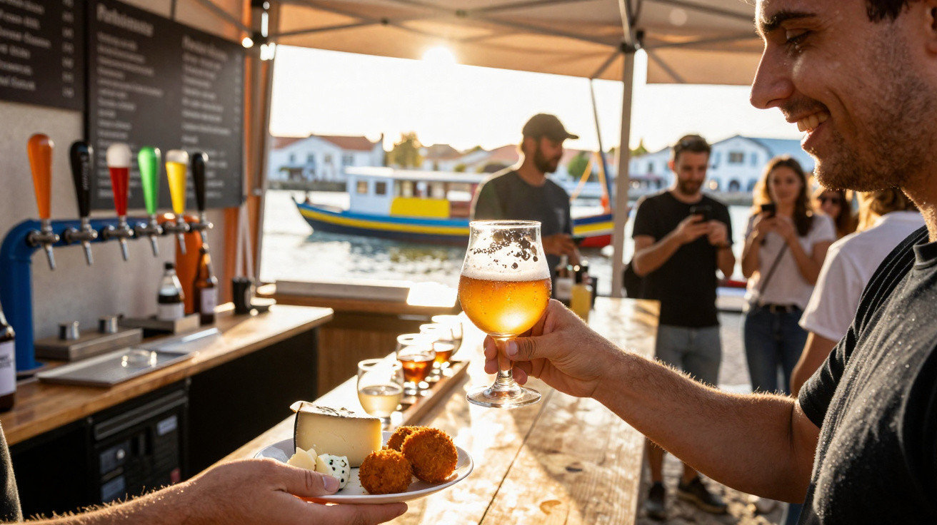 Pessoa a brindar com copo de cerveja num bar ao ar livre com petiscos e barco ao fundo.