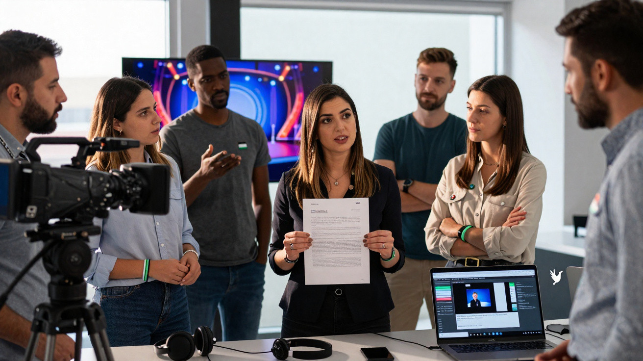 Grupo de pessoas em reunião de trabalho com equipamentos de vídeo e computador portátil na mesa.