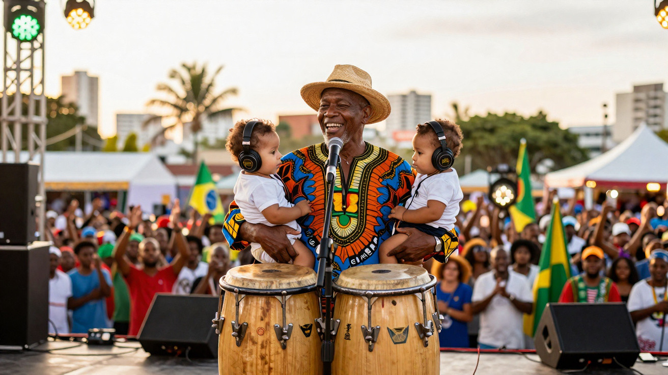 Homem com chapéu e roupa colorida toca tambores segurando dois bebés com auscultadores em palco diante de multidão.