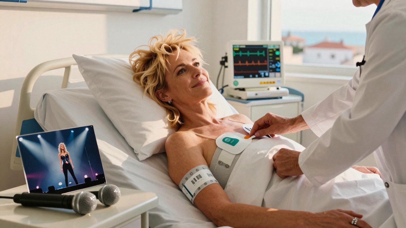 Mulher na cama de hospital a ser examinada por médico, com microfones e tablet a mostrar cantora.