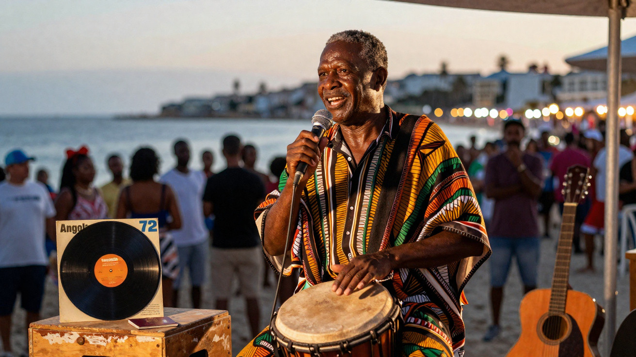 Homem a tocar tambor e cantar na praia ao entardecer com público ao fundo e guitarra ao lado.