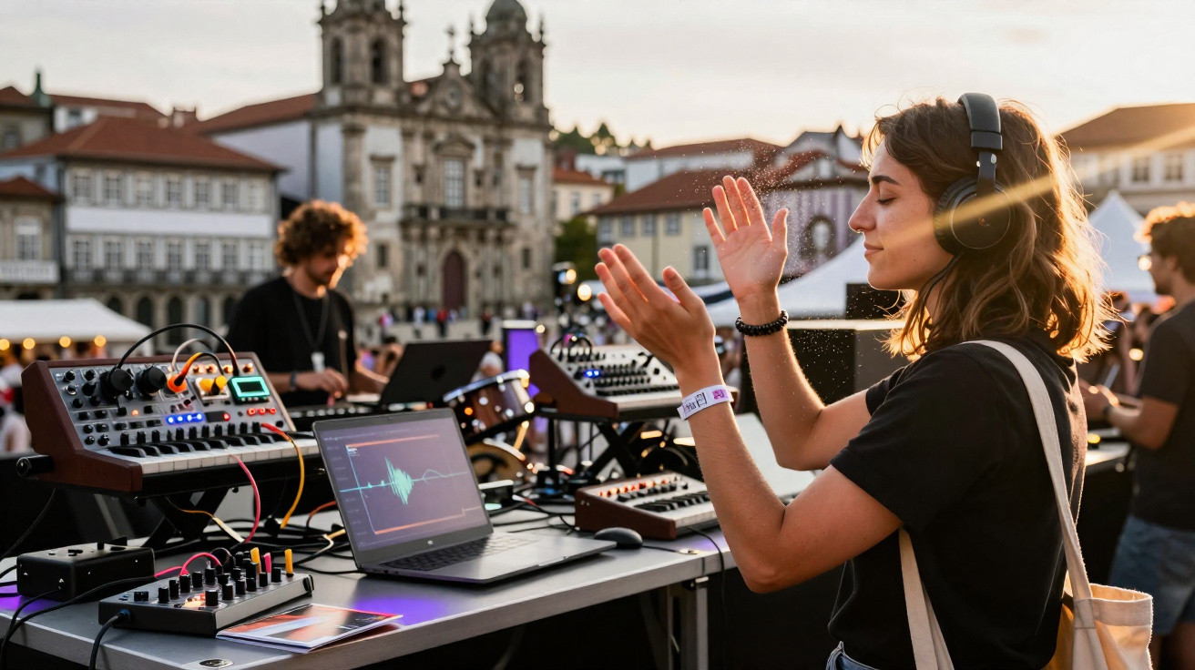 Mulher com auscultadores a animar um evento de música eletrónica ao ar livre junto a equipamentos musicais.