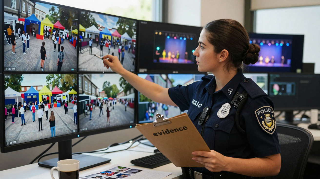 Polícia feminina a monitorizar câmaras de video vigilância num centro de controlo, segurando prancheta.