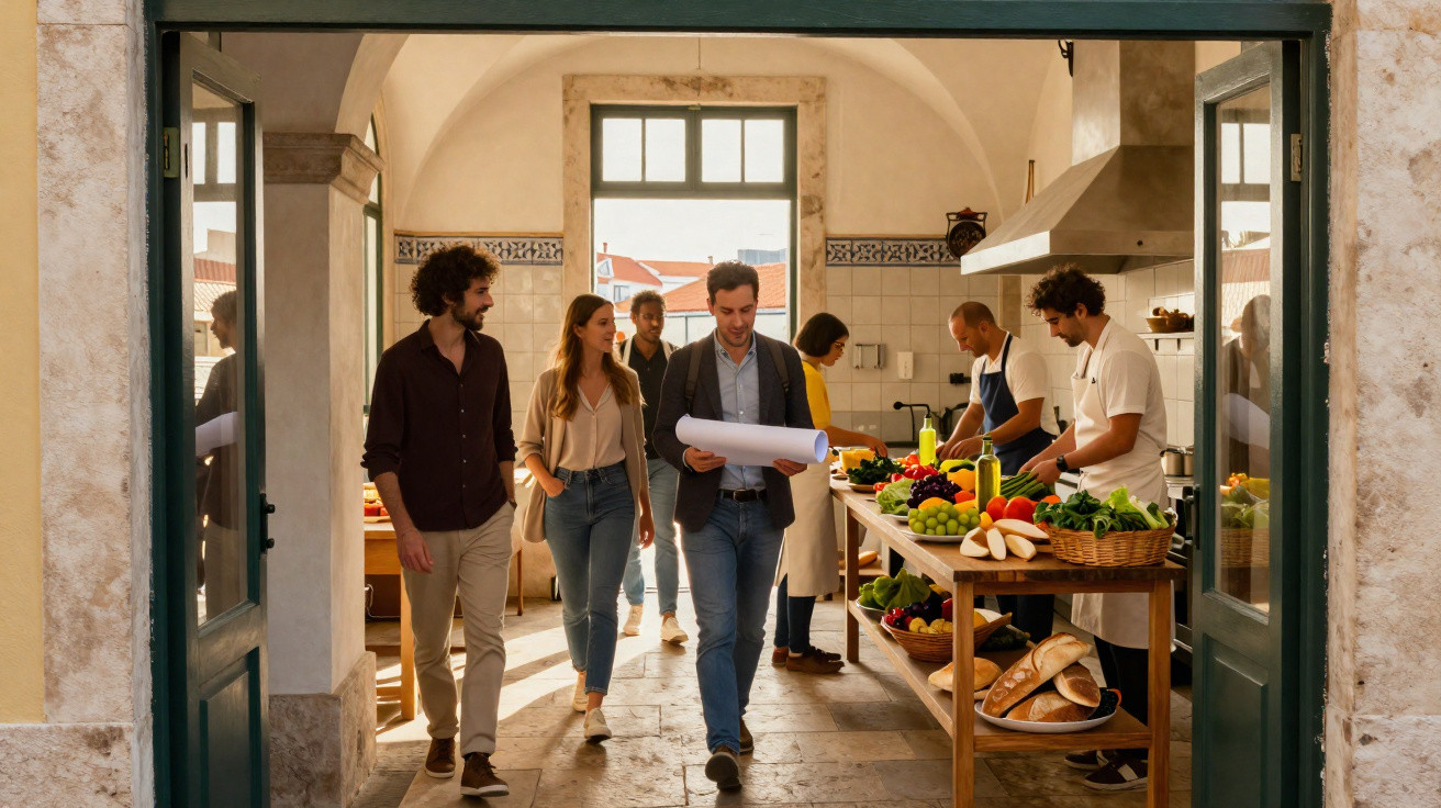Grupo de pessoas numa cozinha com frutas, legumes e pão em mesas de madeira.
